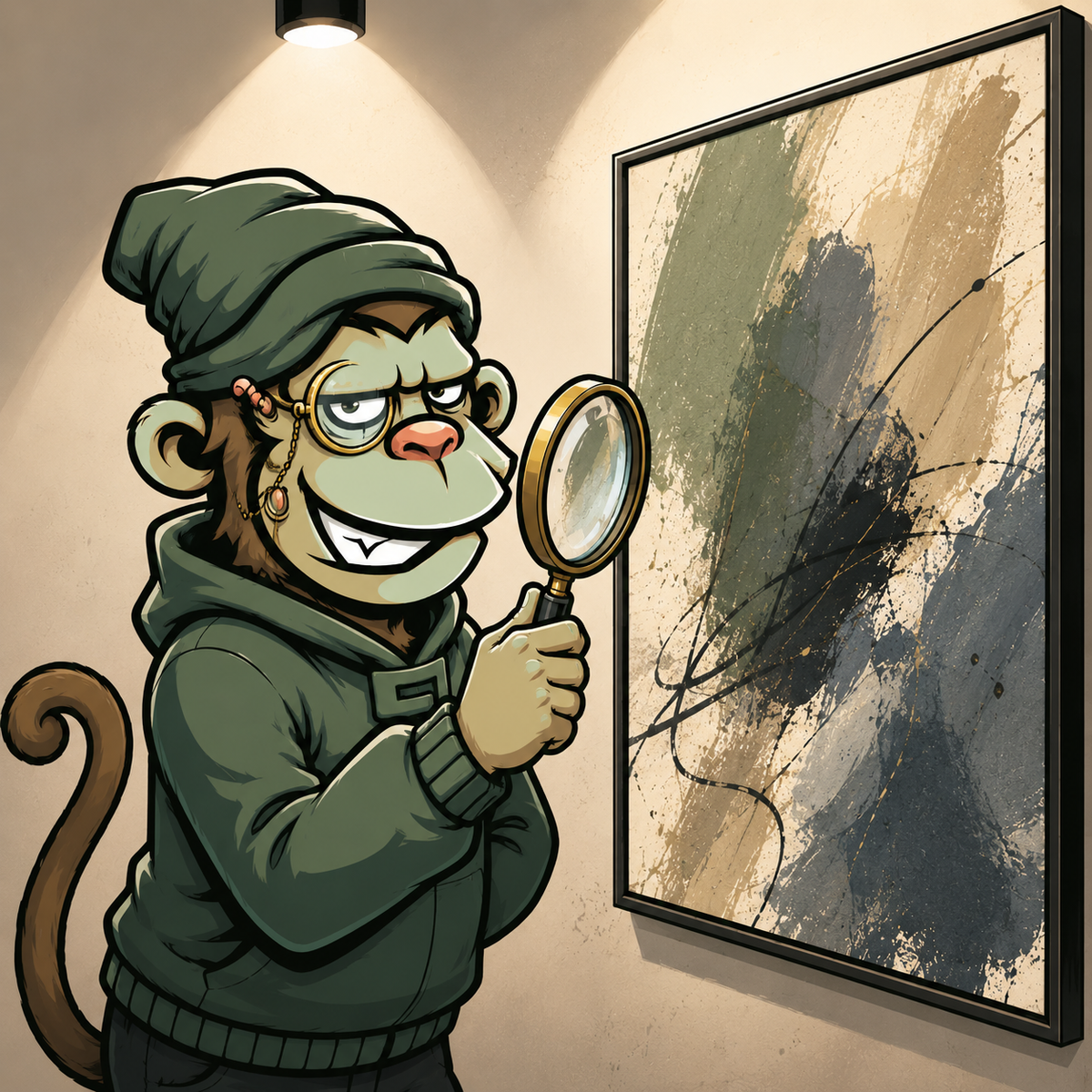 Mascota Monkey Canvas con lupa admirando un cuadro abstracto - Arte Exclusivo