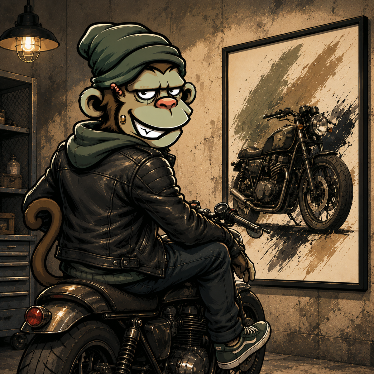Mascota Monkey Canvas en moto con chamarra de piel junto a póster de moto