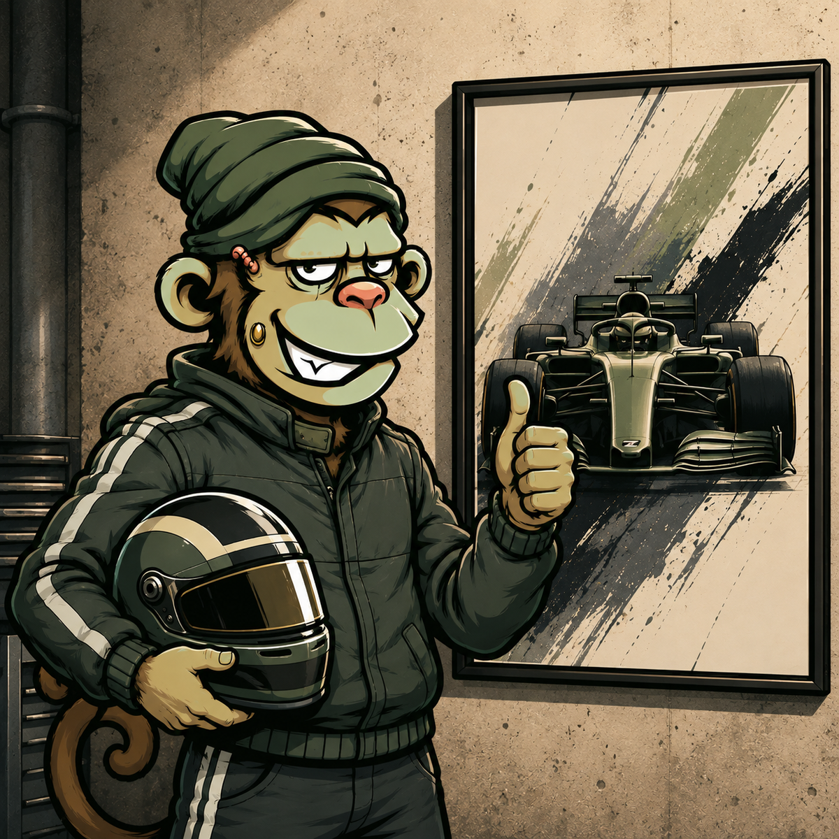 Mascota Monkey Canvas con casco de carreras junto a póster de Fórmula 1