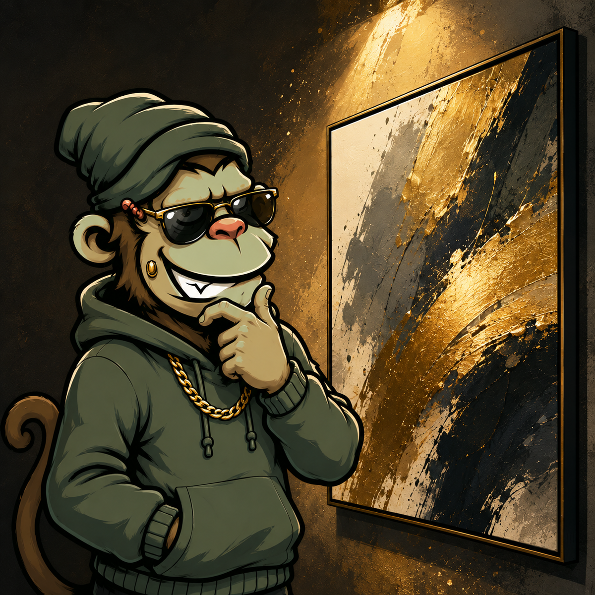 Mascota Monkey Canvas con lentes y cadena de oro junto a cuadro dorado - Abstracto Dorado 3D