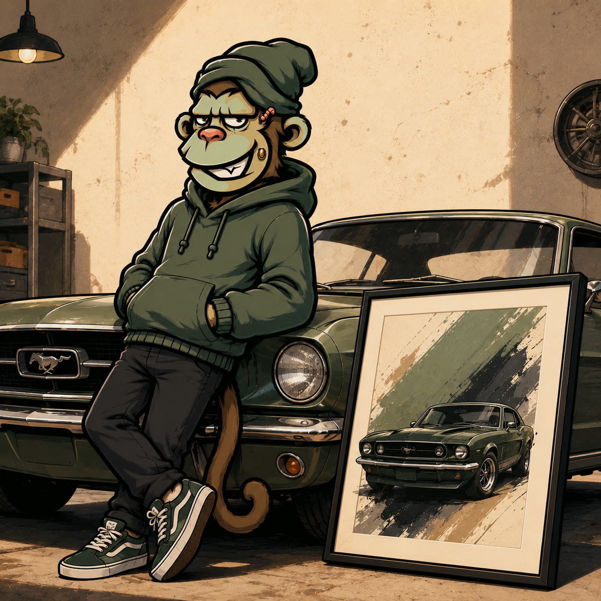 Mascota Monkey Canvas recargado en un auto clásico junto a póster de auto