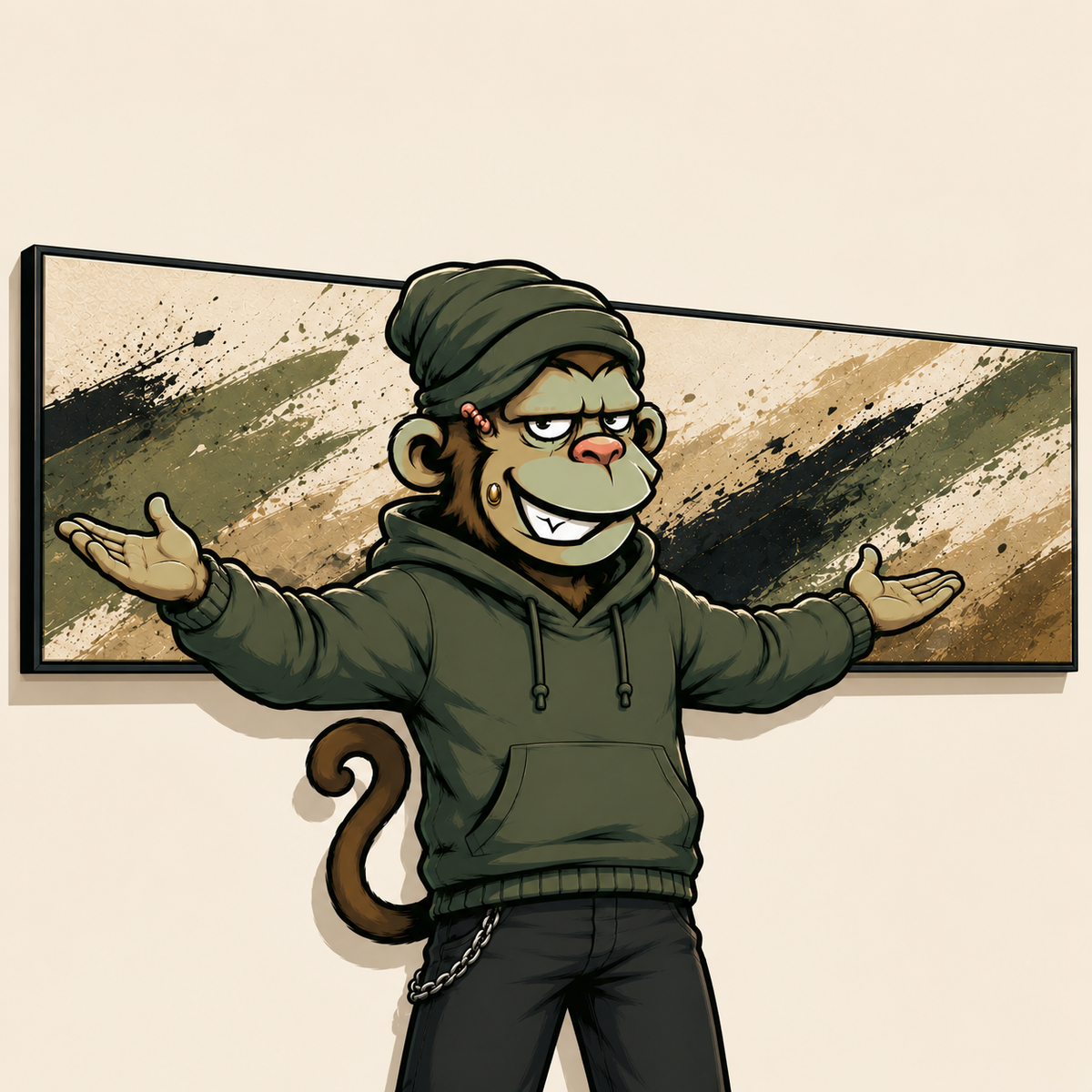 Mascota Monkey Canvas presentando un cuadro panorámico con los brazos abiertos