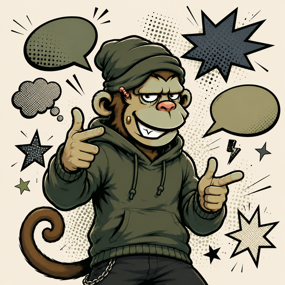Mascota Monkey Canvas rodeado de globos de cómic - Cultura Pop y Personajes