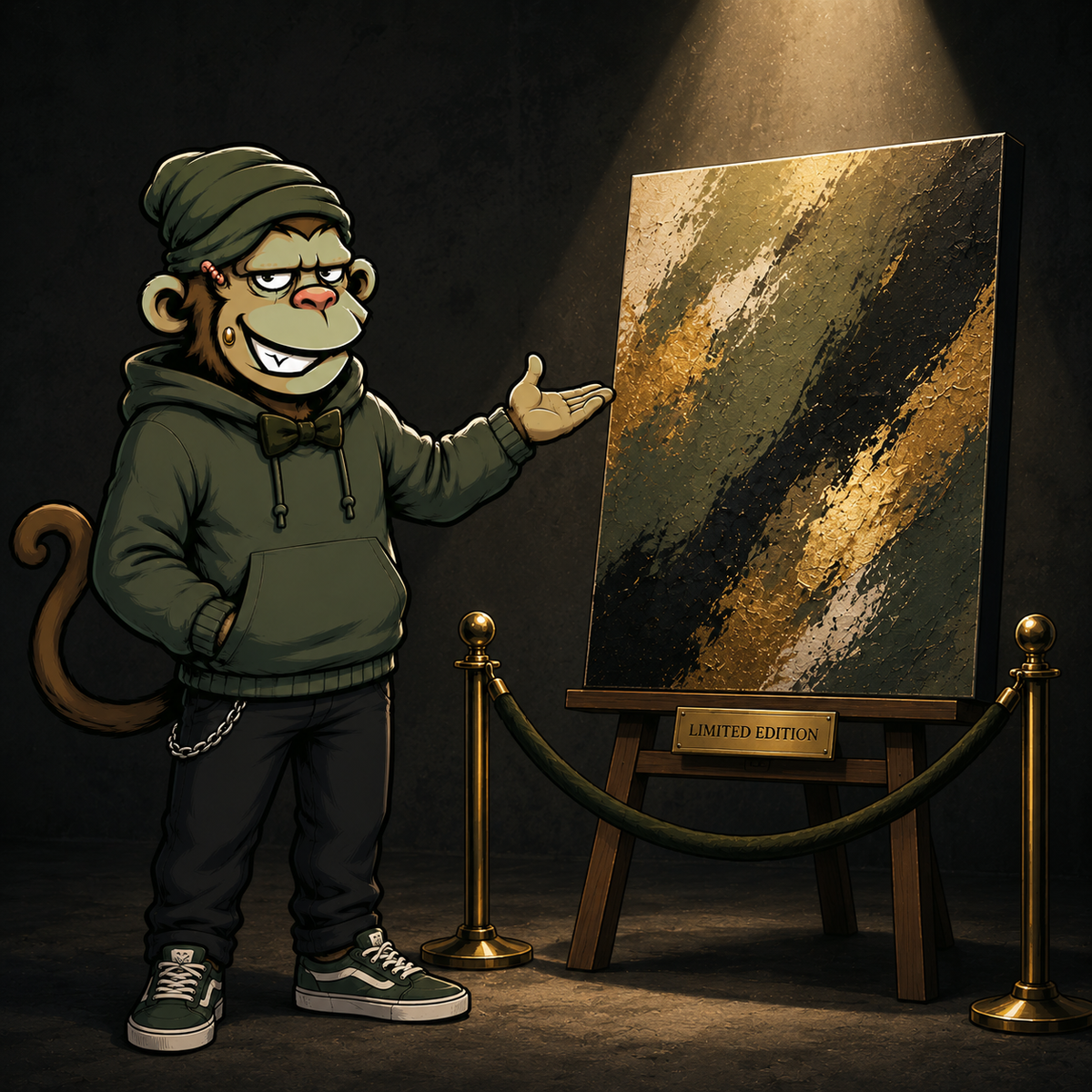 Mascota Monkey Canvas con moño de gala presentando cuadro exclusivo - Edición Limitada