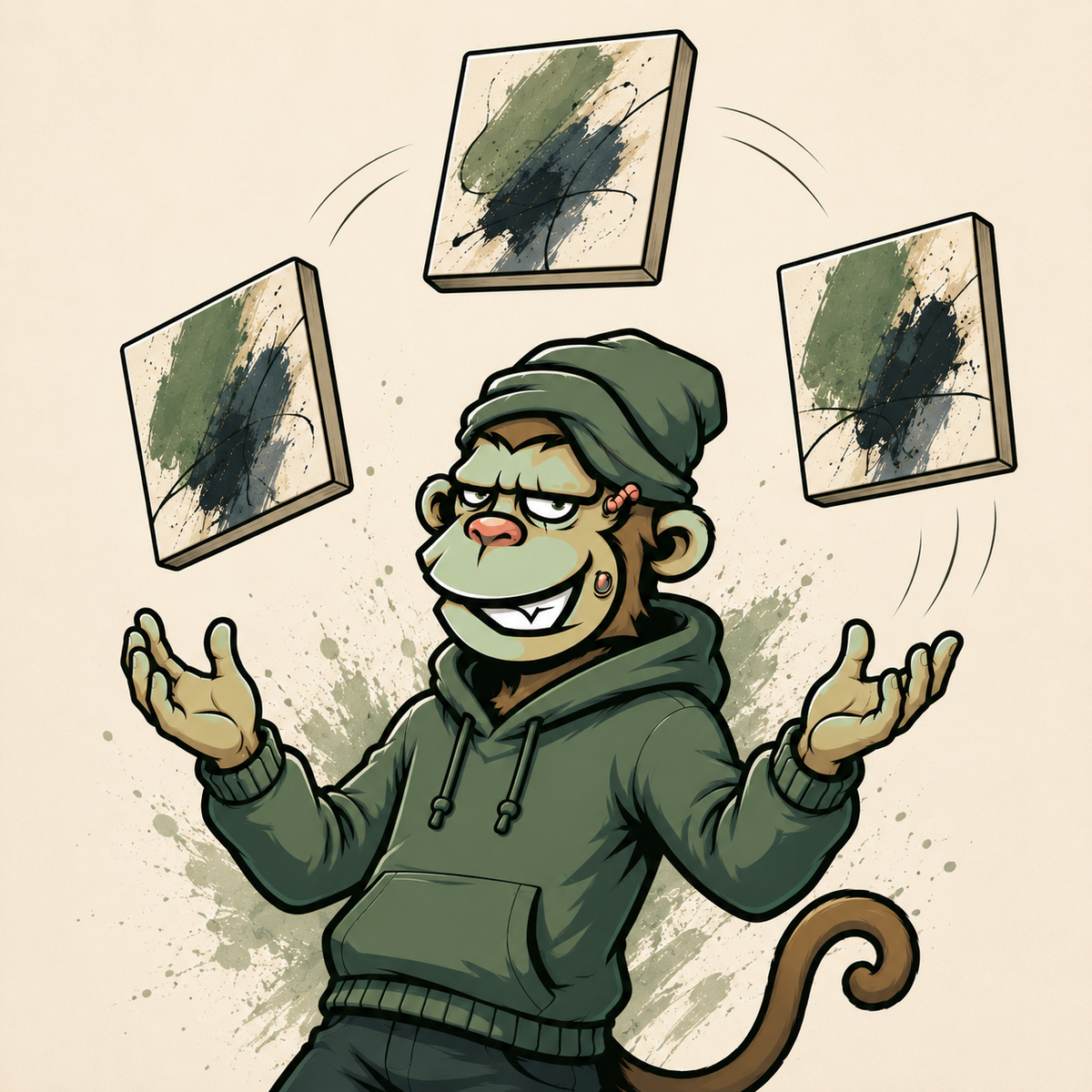 Mascota Monkey Canvas haciendo malabares con tres cuadros - Sets Abstractos 3 Piezas