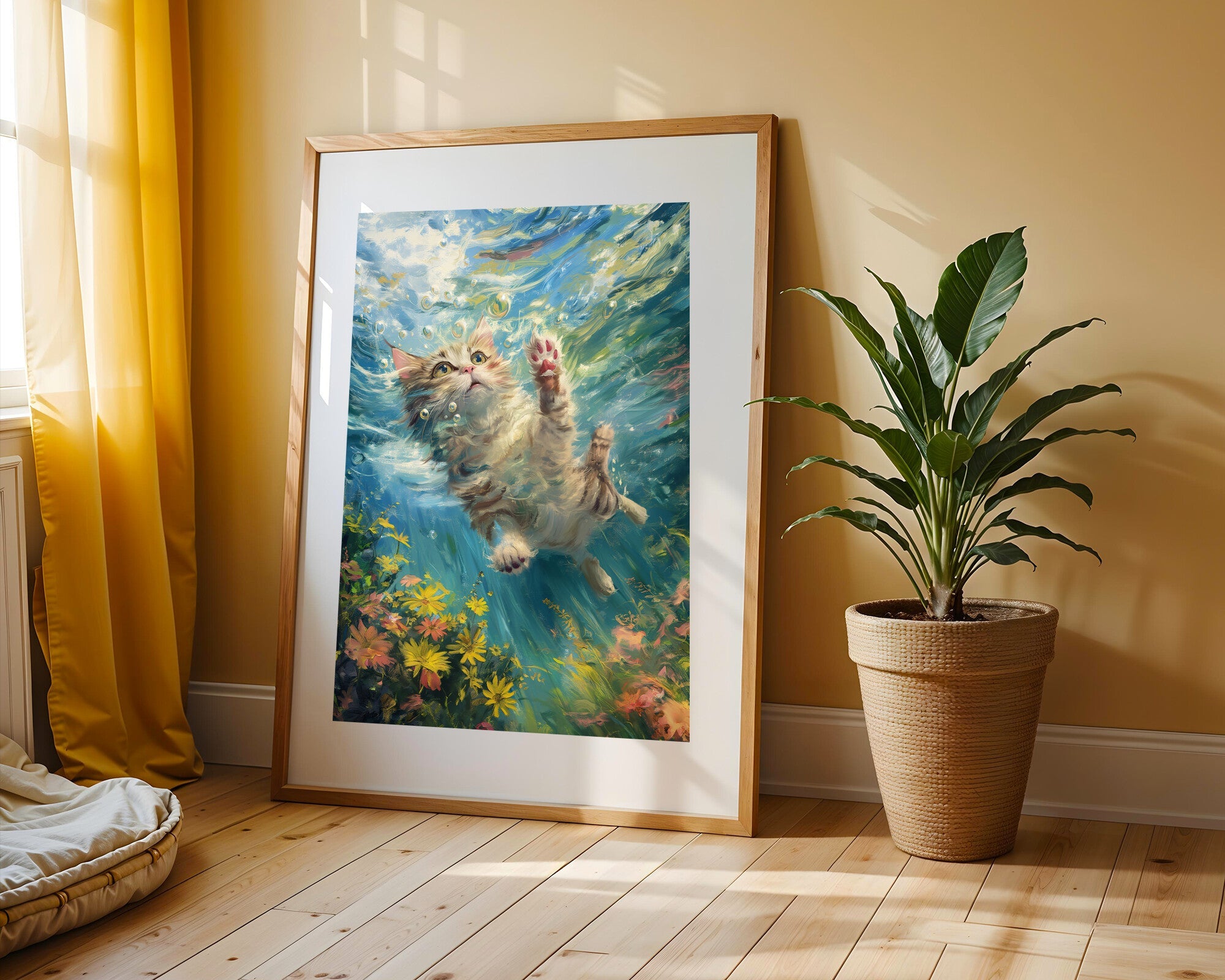 Gatito Nadador entre Flores | Cuadro decorativo de Monkey Canvas
