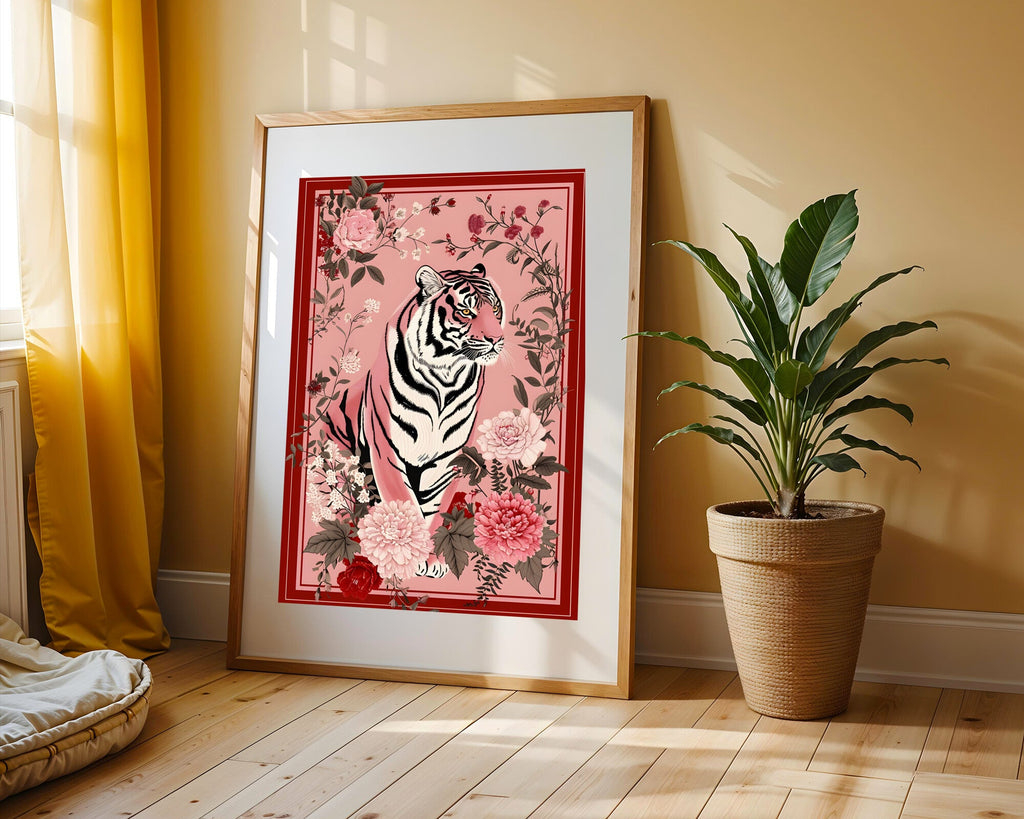Tigre Rosa entre Peonias | Cuadro decorativo de Monkey Canvas
