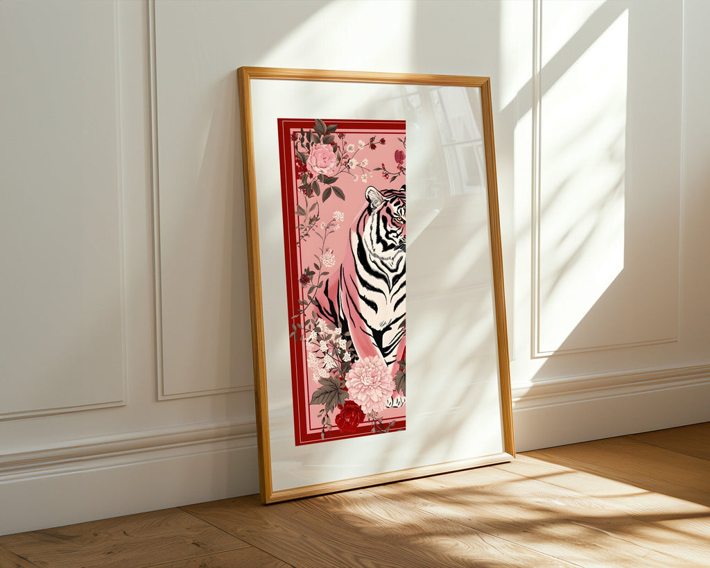 Tigre Rosa entre Peonias | Cuadro decorativo de Monkey Canvas