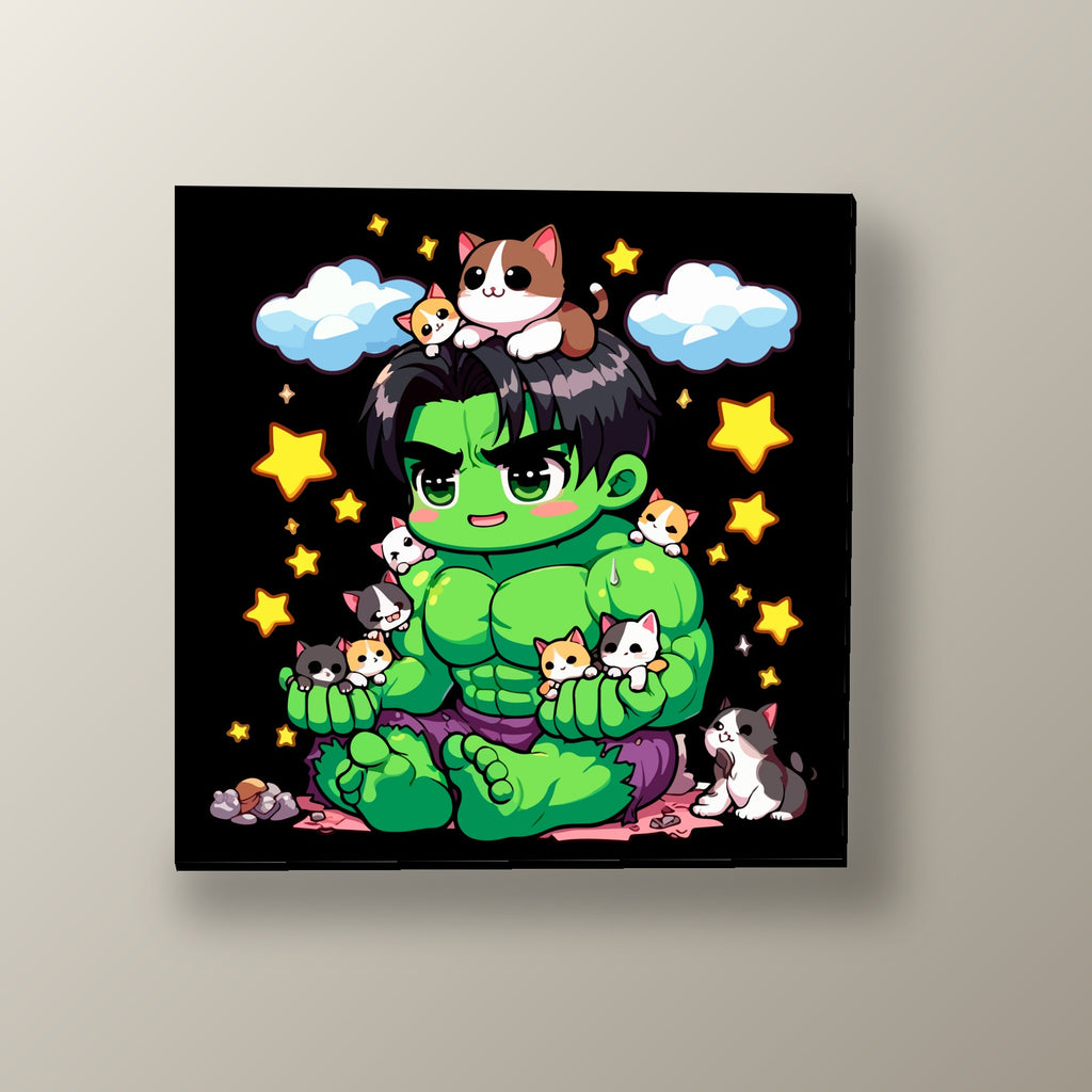 Hulk Kawaii con Gatitos | Cuadro decorativo de Monkey Canvas