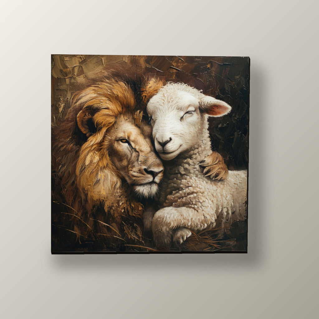 León y Cordero Abrazo | Cuadro decorativo de Monkey Canvas