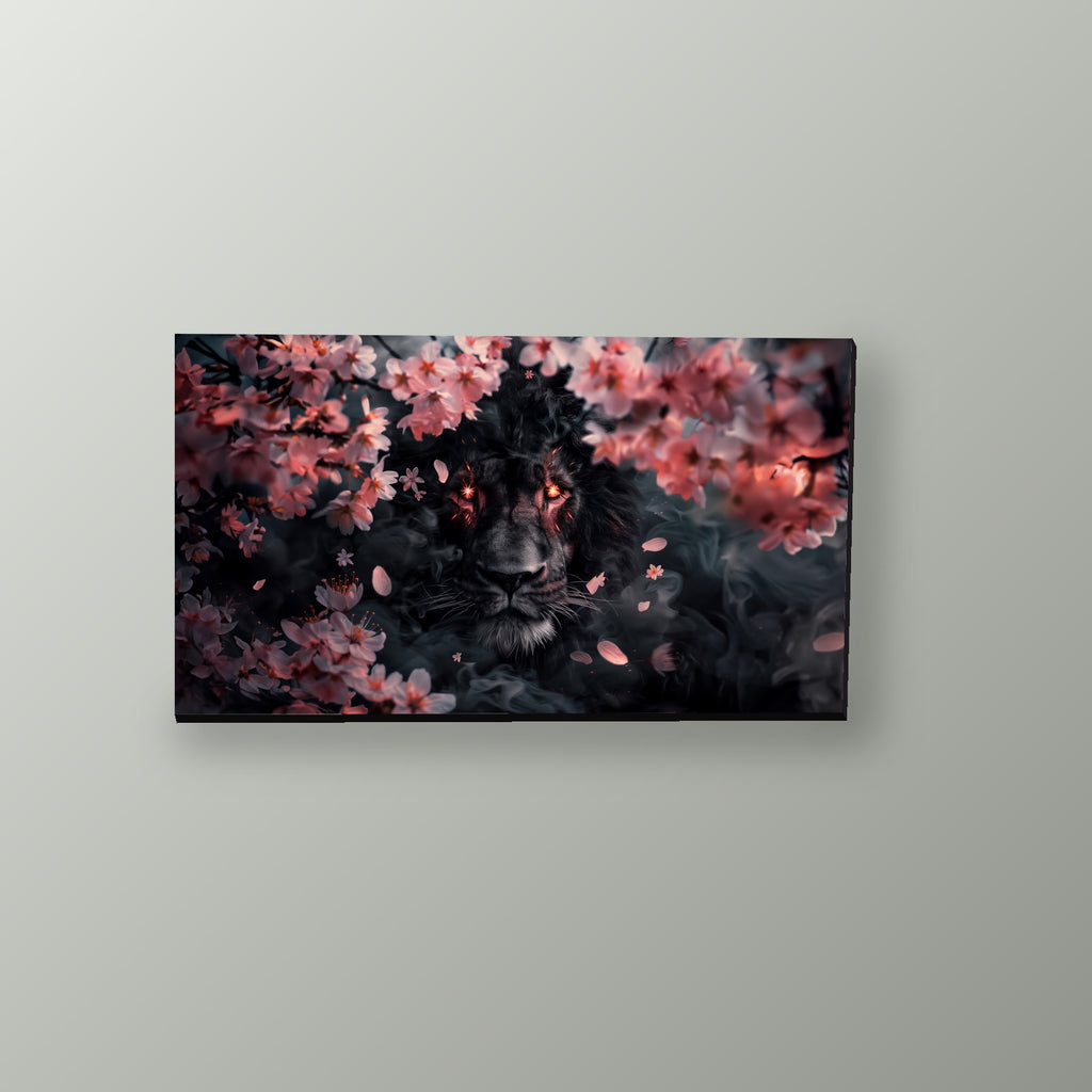 Leon Negro entre Flores de Cerezo | Cuadro decorativo de Monkey Canvas