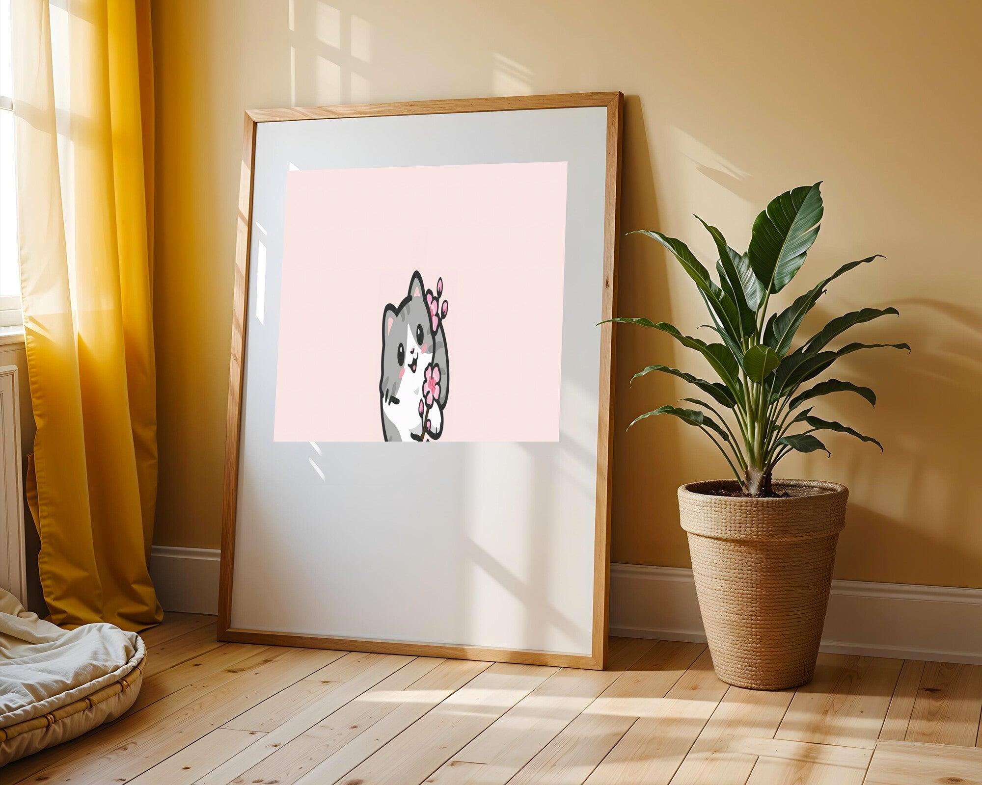 Gatito Kawaii con Flor de Cerezo | Cuadro decorativo de Monkey Canvas