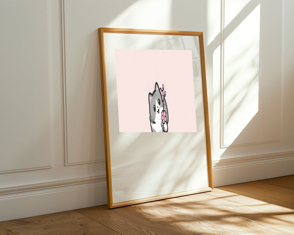 Gatito Kawaii con Flor de Cerezo | Cuadro decorativo de Monkey Canvas