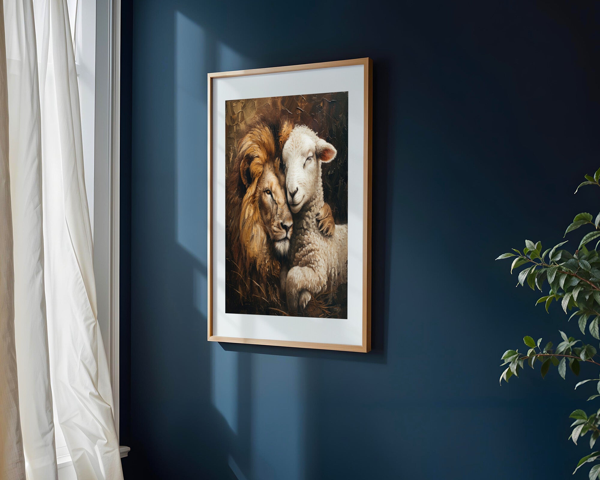 León y Cordero Abrazo | Cuadro decorativo de Monkey Canvas