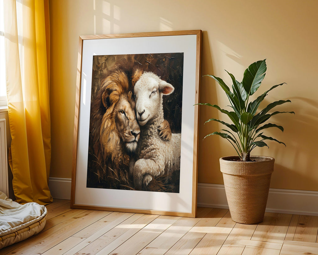 León y Cordero Abrazo | Cuadro decorativo de Monkey Canvas