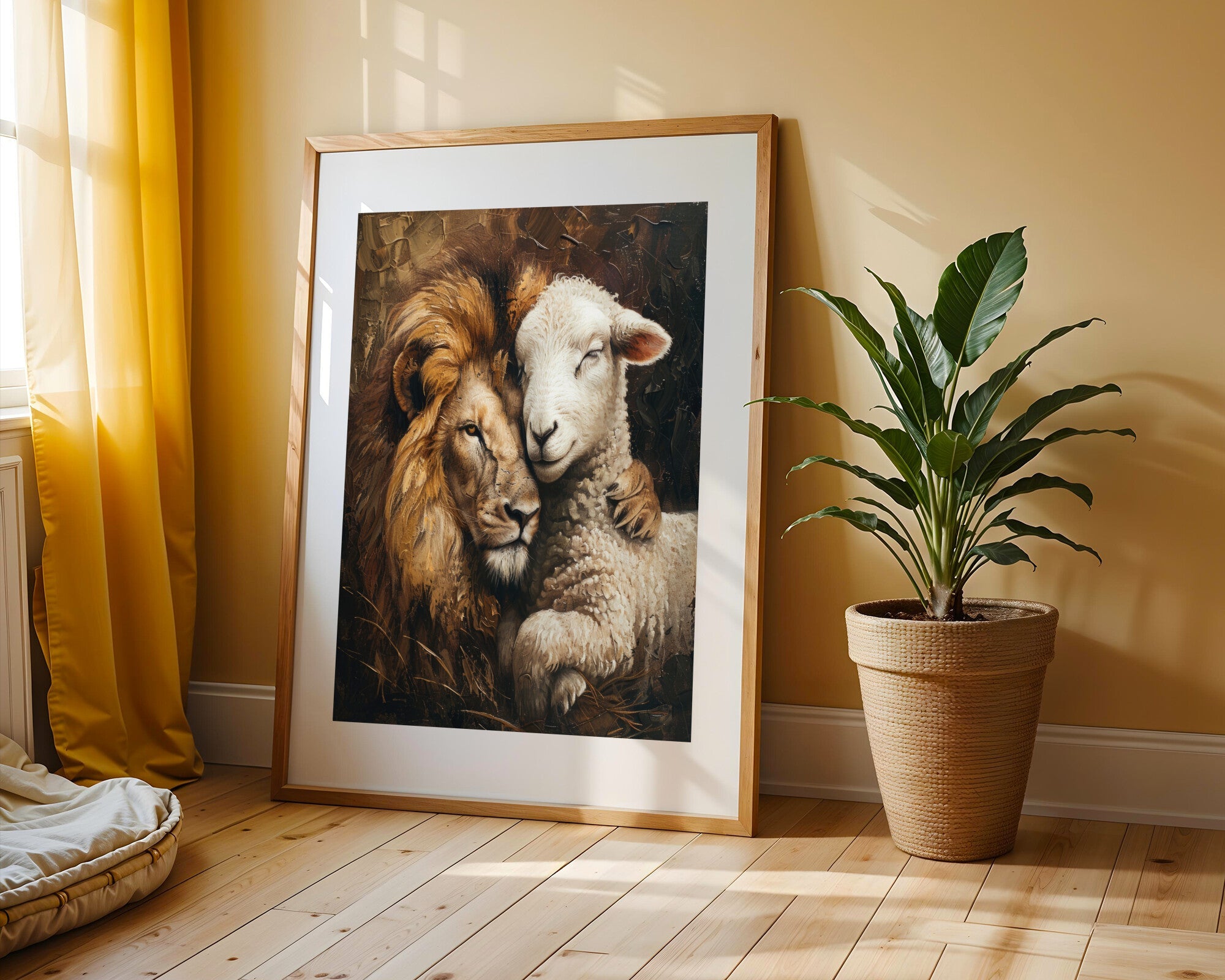 León y Cordero Abrazo | Cuadro decorativo de Monkey Canvas