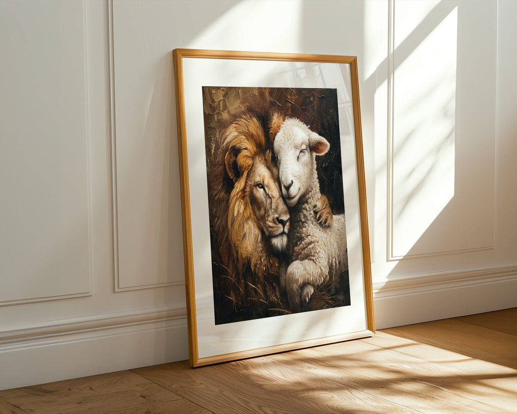 León y Cordero Abrazo | Cuadro decorativo de Monkey Canvas