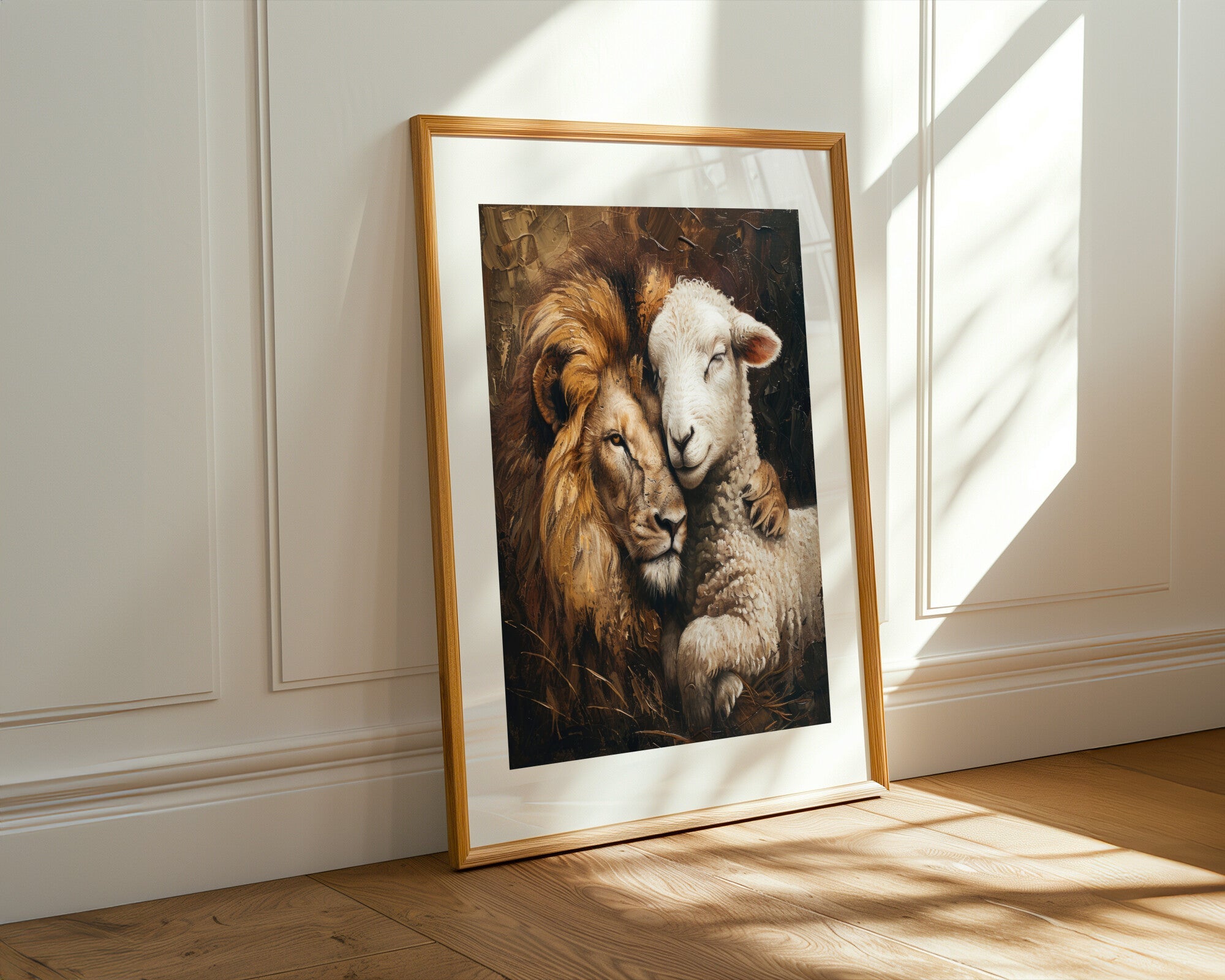 León y Cordero Abrazo | Cuadro decorativo de Monkey Canvas