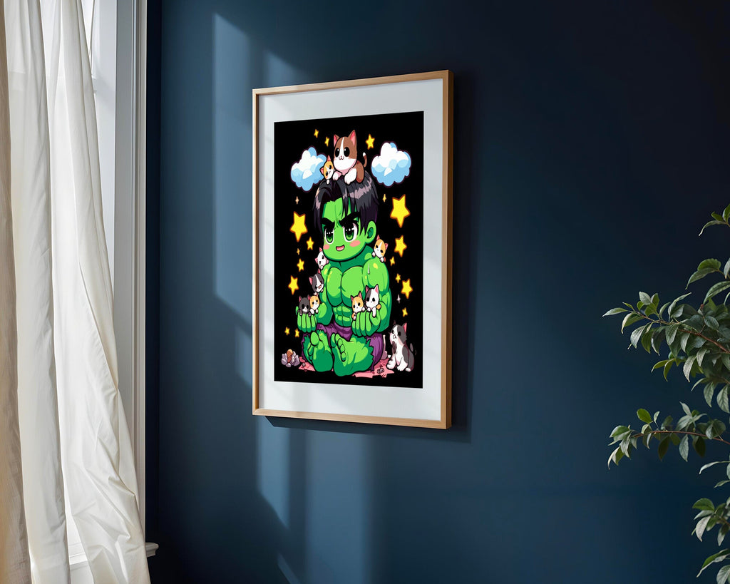 Hulk Kawaii con Gatitos | Cuadro decorativo de Monkey Canvas