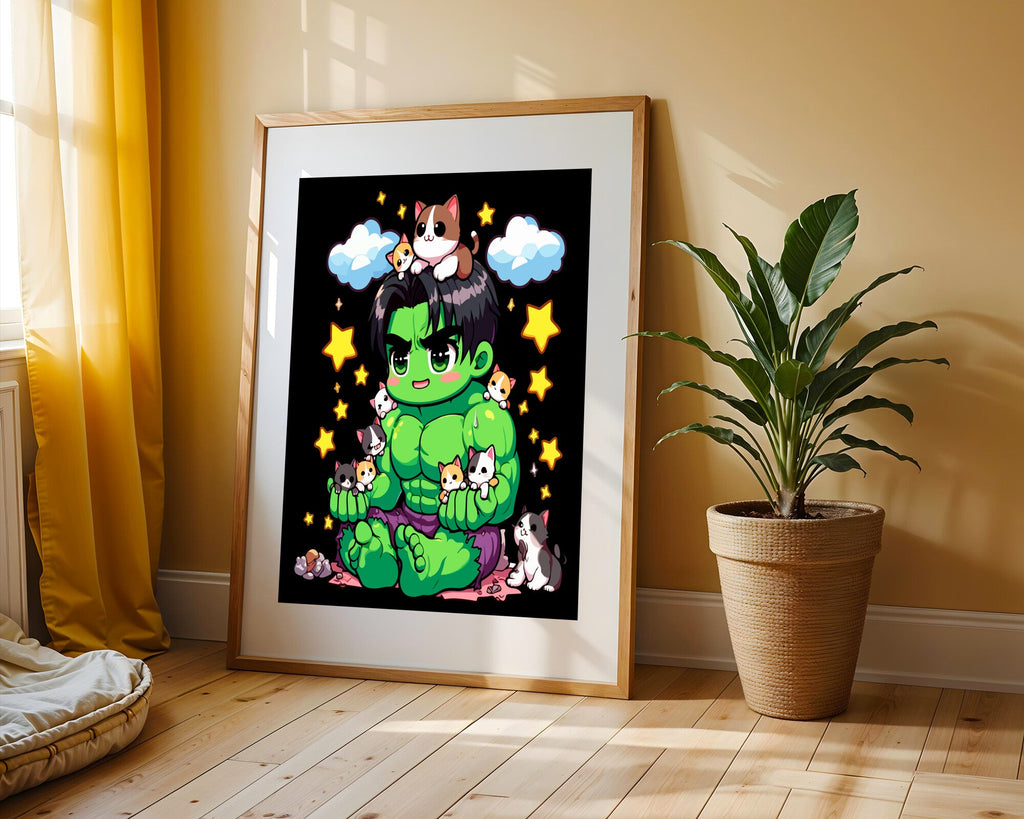 Hulk Kawaii con Gatitos | Cuadro decorativo de Monkey Canvas