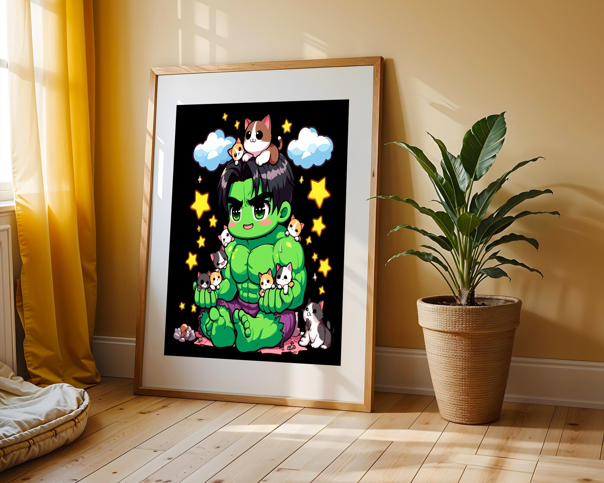 Hulk Kawaii con Gatitos | Cuadro decorativo de Monkey Canvas