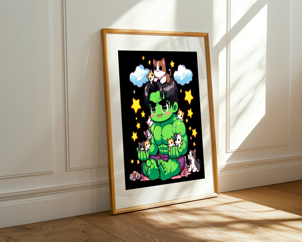 Hulk Kawaii con Gatitos | Cuadro decorativo de Monkey Canvas