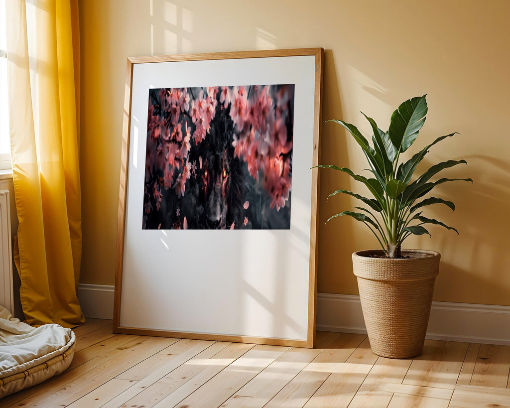Leon Negro entre Flores de Cerezo | Cuadro decorativo de Monkey Canvas